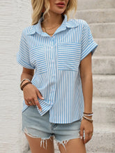 Striped Collared Neck Short Sleeve Shirt OutfitFlow